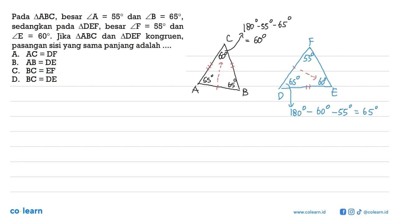 Pada segitiga ABC, besar sudut A=55 dan sudut B=65,