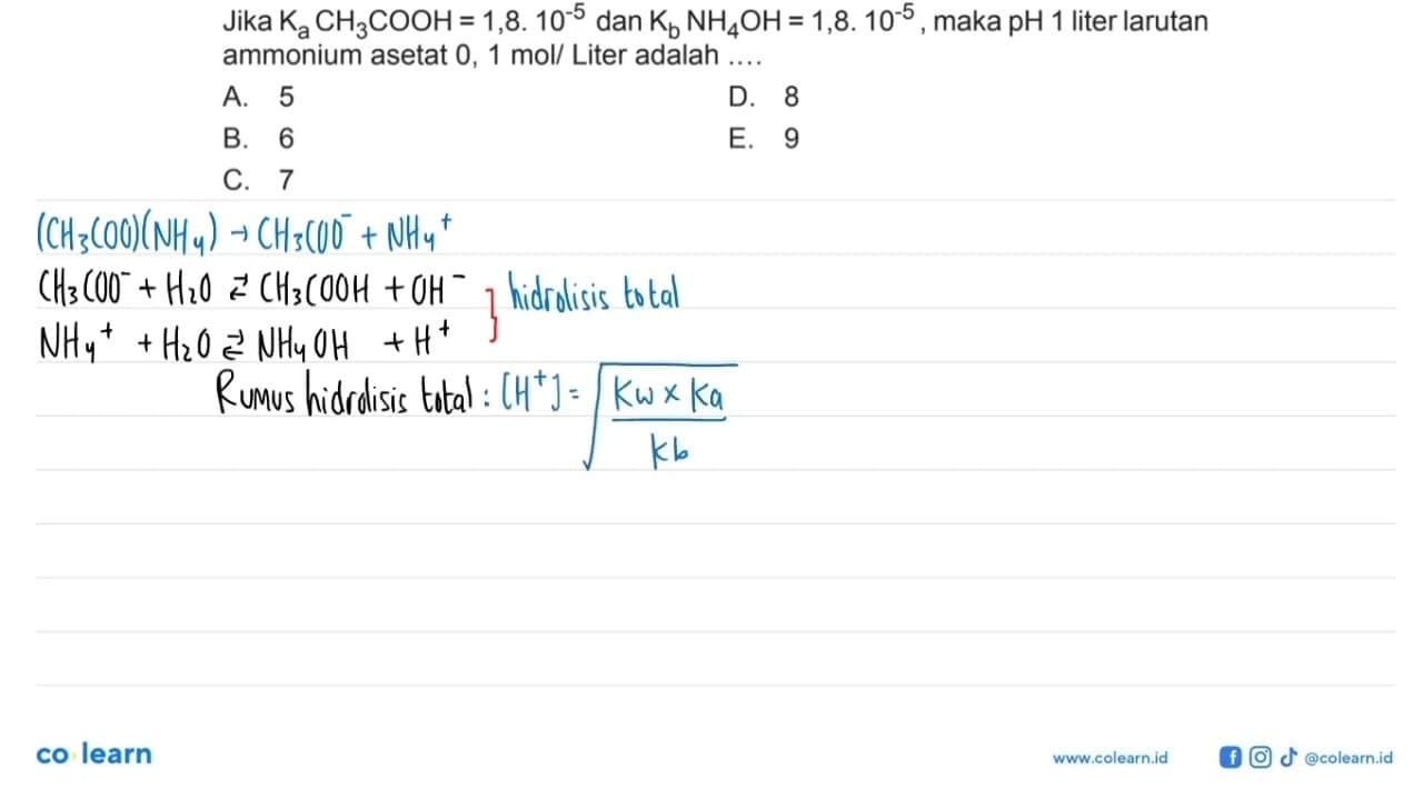 Jika Ka CH3COOH=1,8.10^(-5) dan Kb NH4OH=1,8.10^(-5) , maka