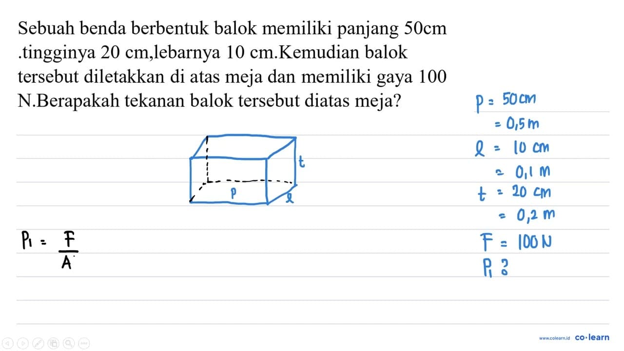 Sebuah benda berbentuk balok memiliki panjang 50 cm