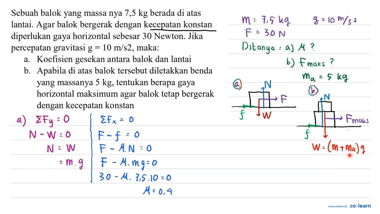 Sebuah balok yang massa nya 7,5 kg berada di atas lantai.