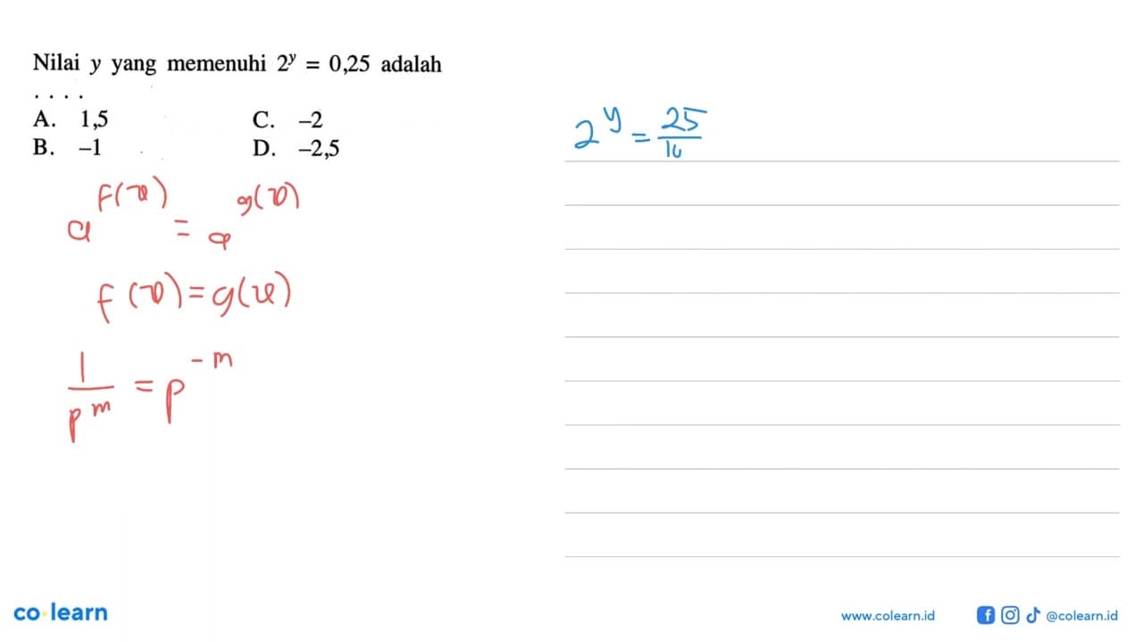 Nilai y yang memenuhi 2^y = 0,25 adalah . . . .