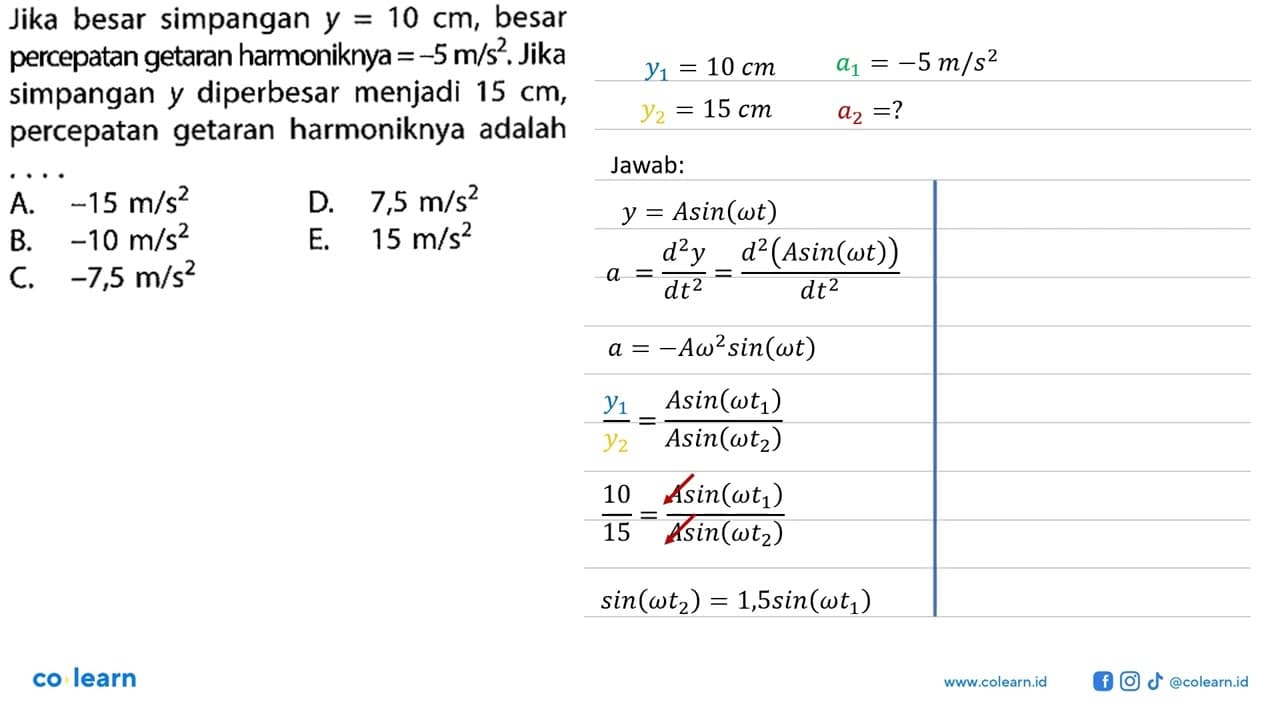 Jika besar simpangan y=10 cm , besar percepatan getaran