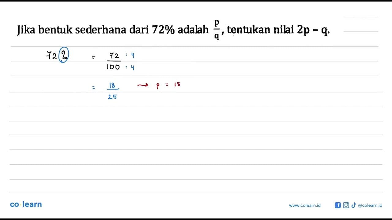 Jika bentuk sederhana dari 72% adalah p/q, tentukan nilai