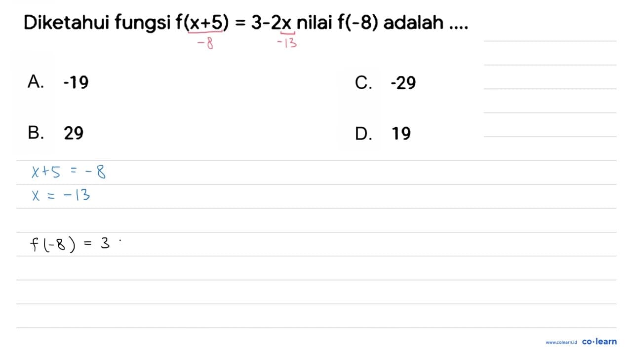 Diketahui fungsi f(x+5)=3-2 x nilai f(-8) adalah ....