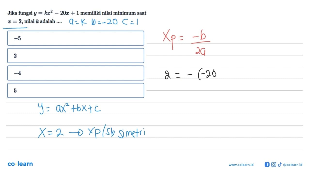 Jika fungsi y=kx^2-20x+1 memiliki nilai minimum saat x=2,