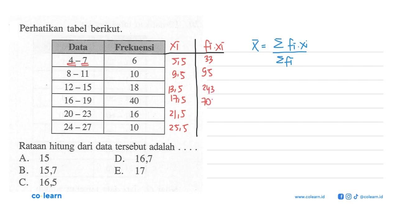 Perhatikan tabel berikut. Data Frekuensi 4-7 6 8-11 10