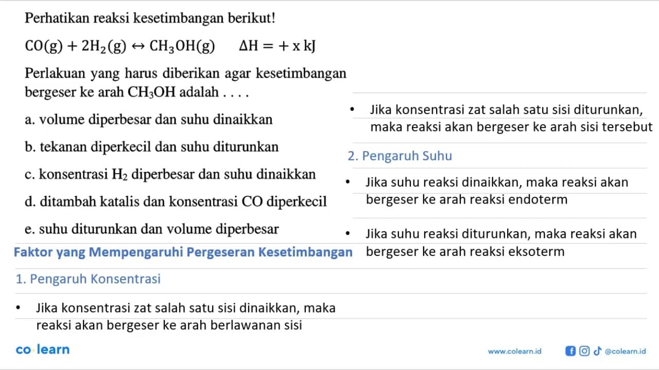 Perhatikan reaksi kesetimbangan berikut! CO (g) + 2 H2 (g)