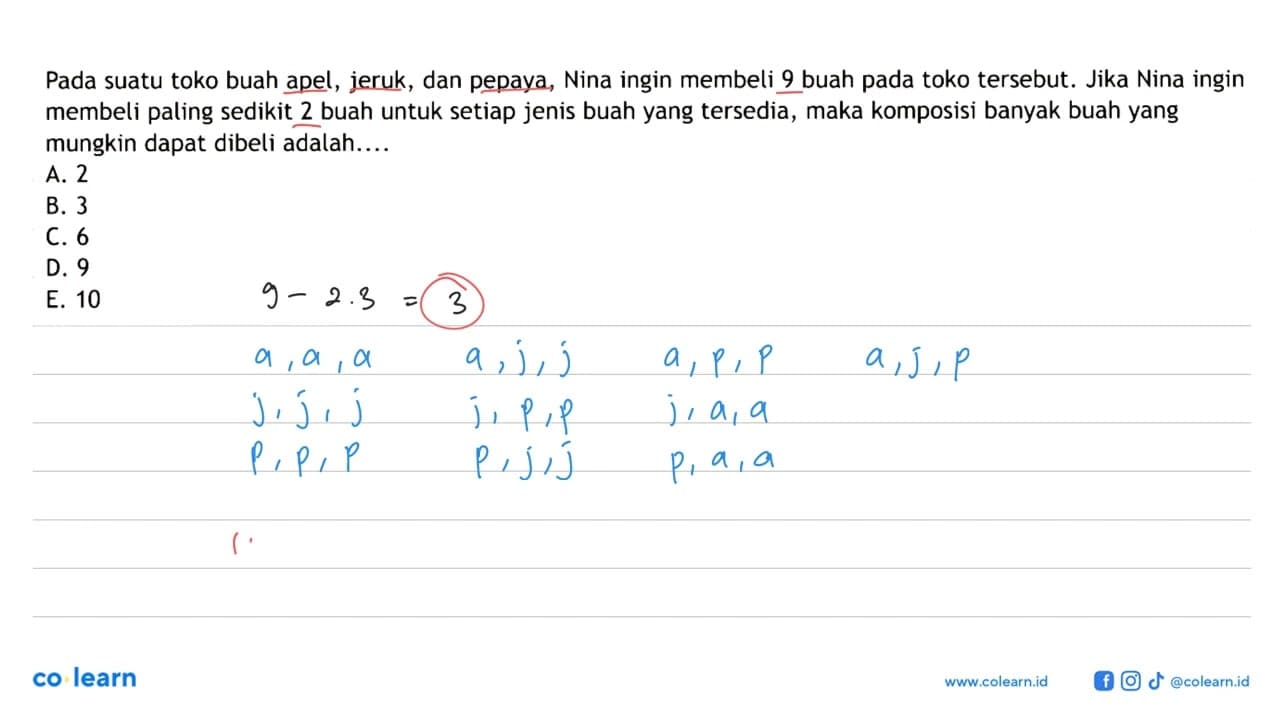 Pada suatu toko buah apel, jeruk, dan pepaya, Nina ingin