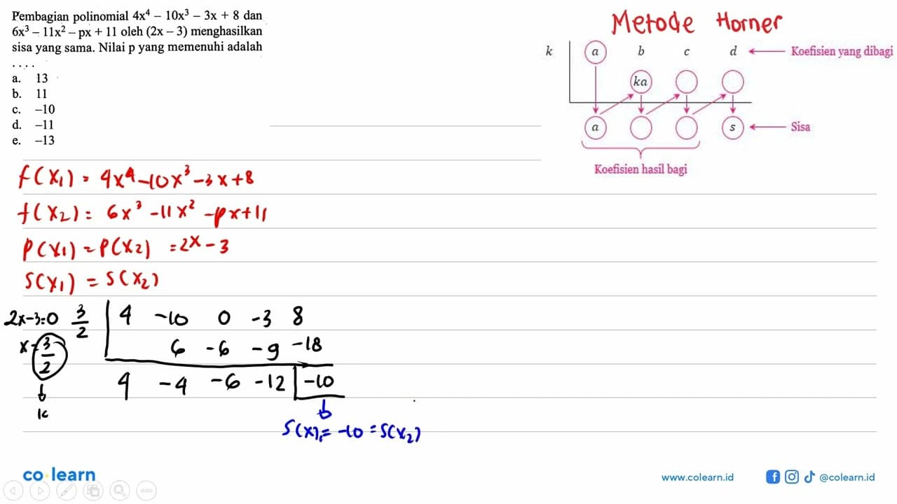 Pembagian polinomial 4x^4-10x^3-3x+8 dan 6x^3-11x^2-px+11