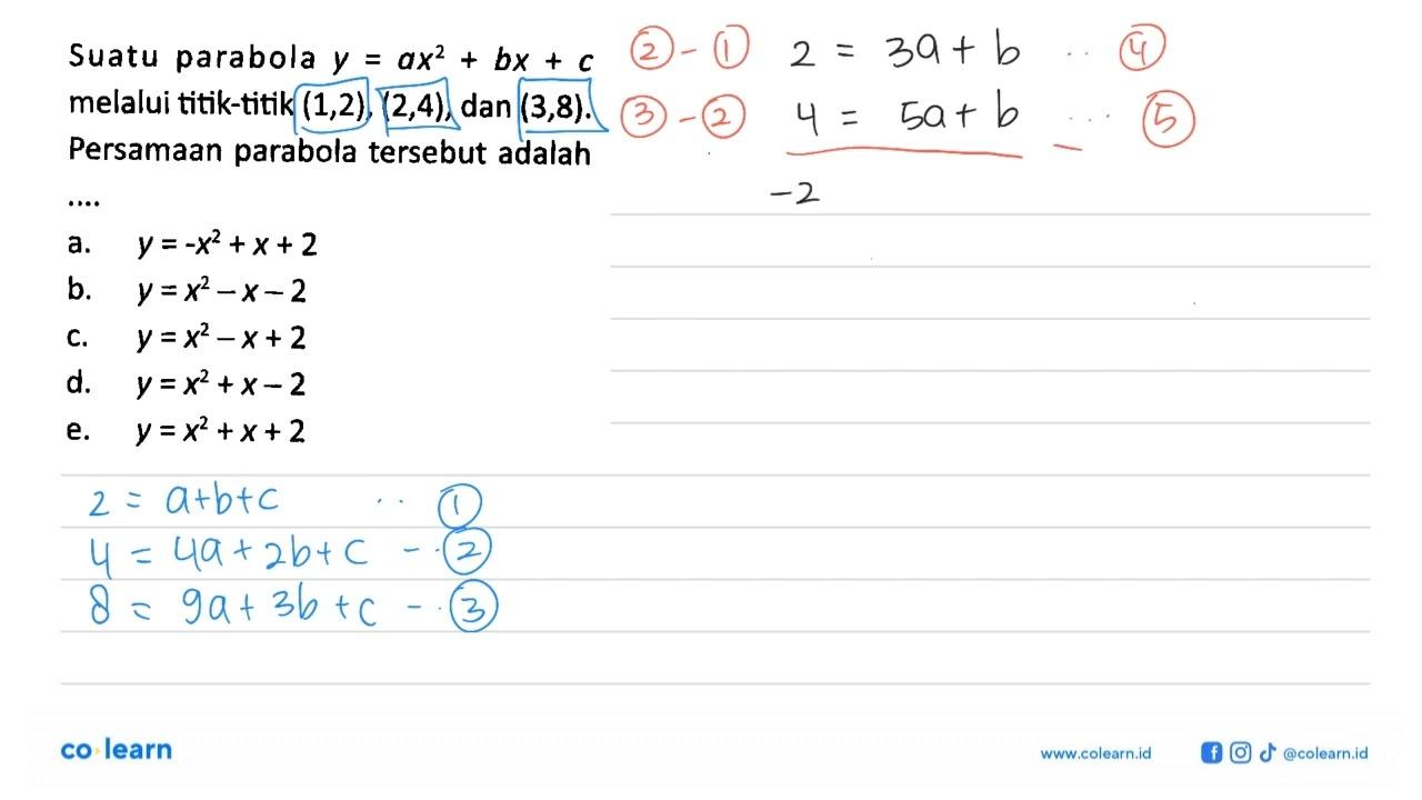 Suatu parabola y=ax^2+bx+c melalui titik-titik (1,2),