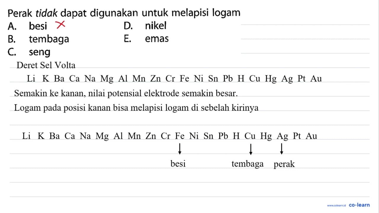 Perak tidak dapat digunakan untuk melapisi logam A. besi D.