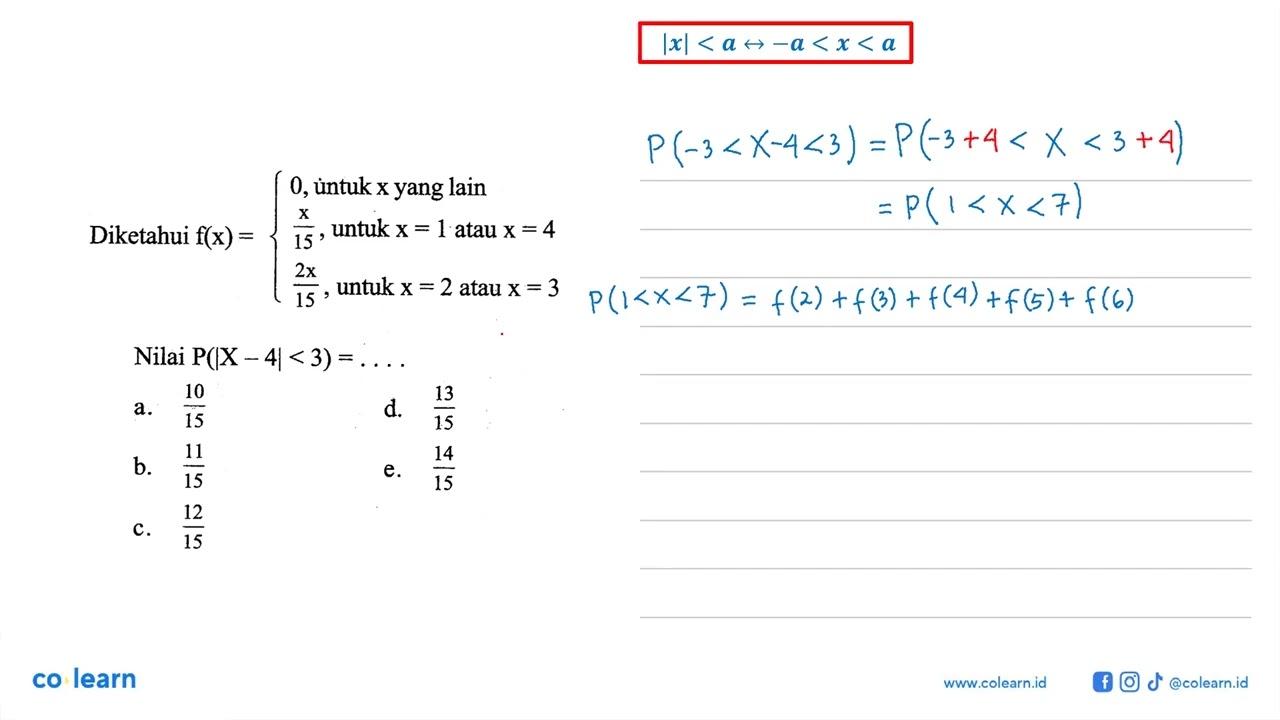 Diketahui f(x)=0, untuk x yang lain x/15, untuk x=1 atau