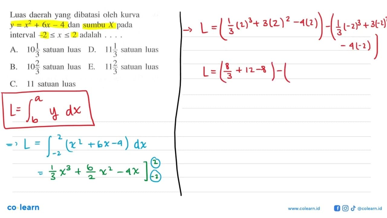 Luas daerah yang dibatasi oleh kurva y=x^2+6x-4 dan sumbu X