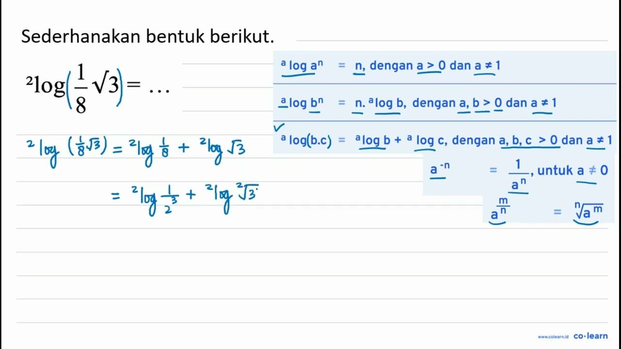 { )^(2) log (1)/(8) akar(3)=...