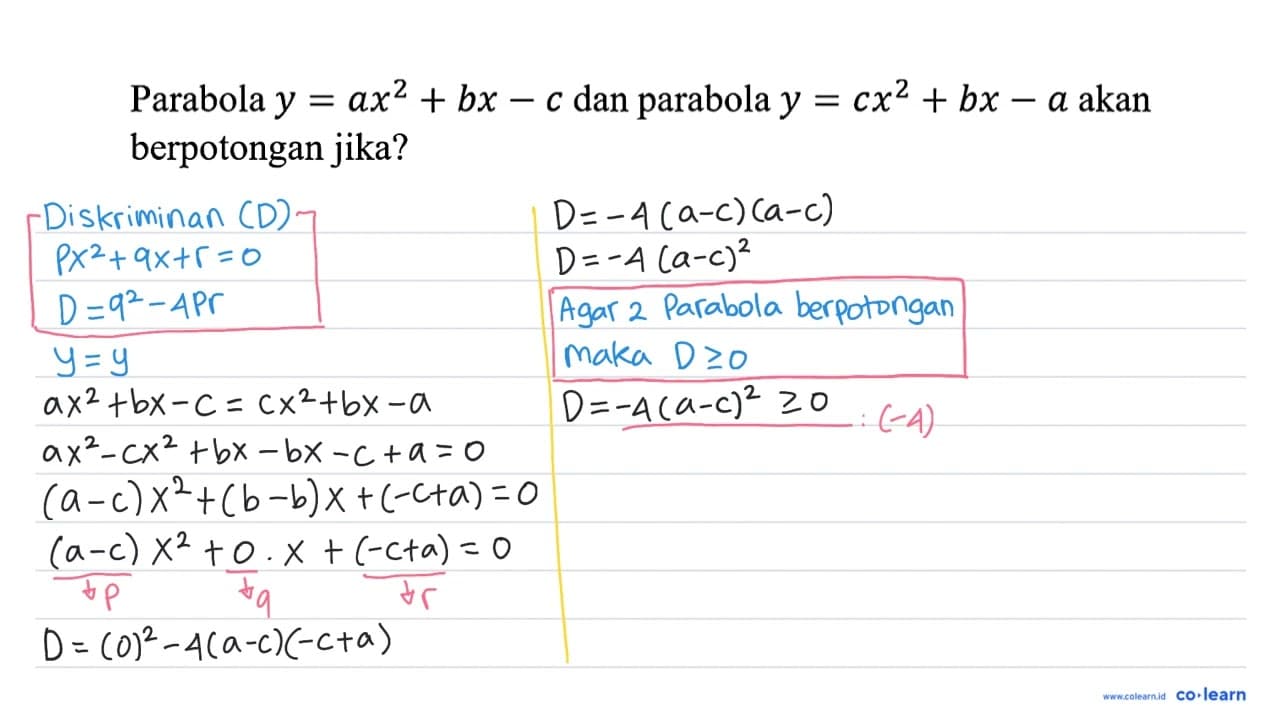 Parabola y=a x^(2)+b x-c dan parabola y=c x^(2)+b x-a akan