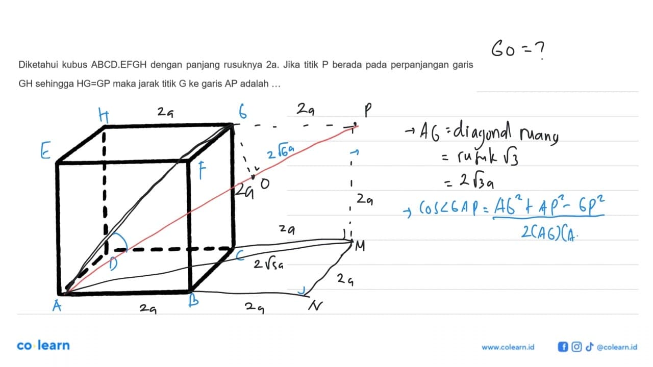 Diketahui kubus ABCD.EFGH dengan panjang rusuknya 2a. Jika