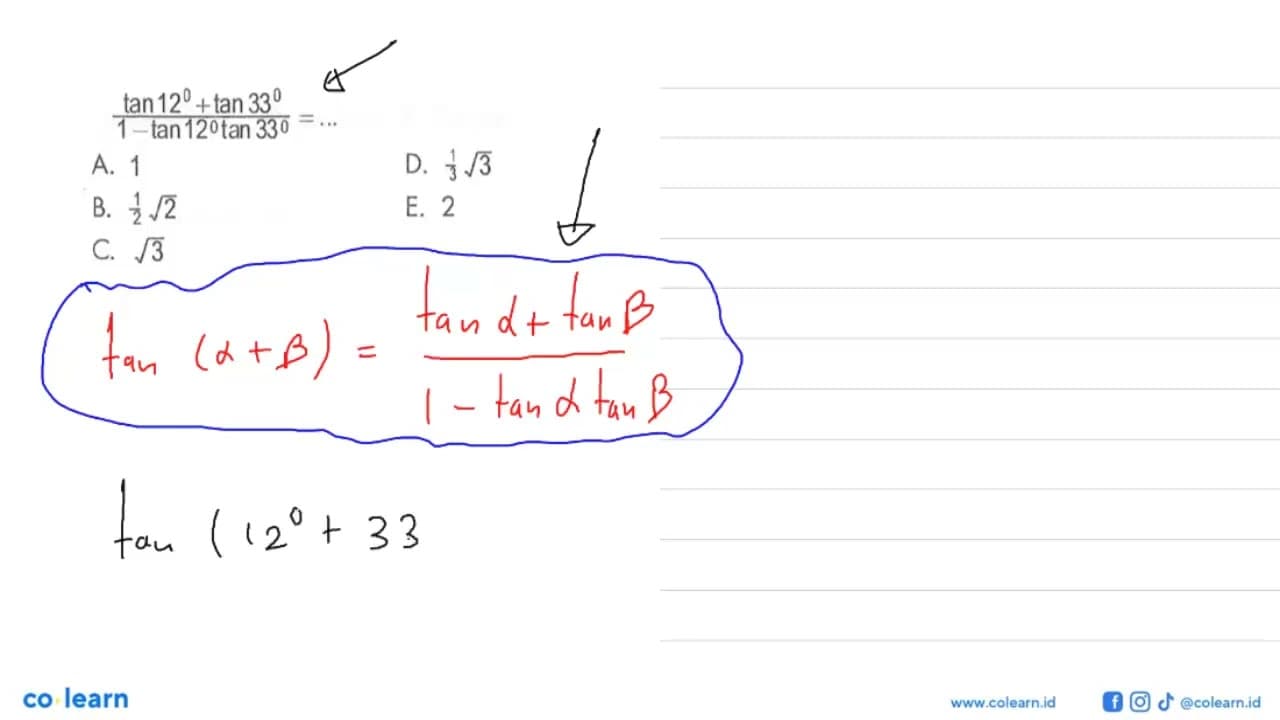 (tan12+tan 33)/(1- tan 12 tan 33) =