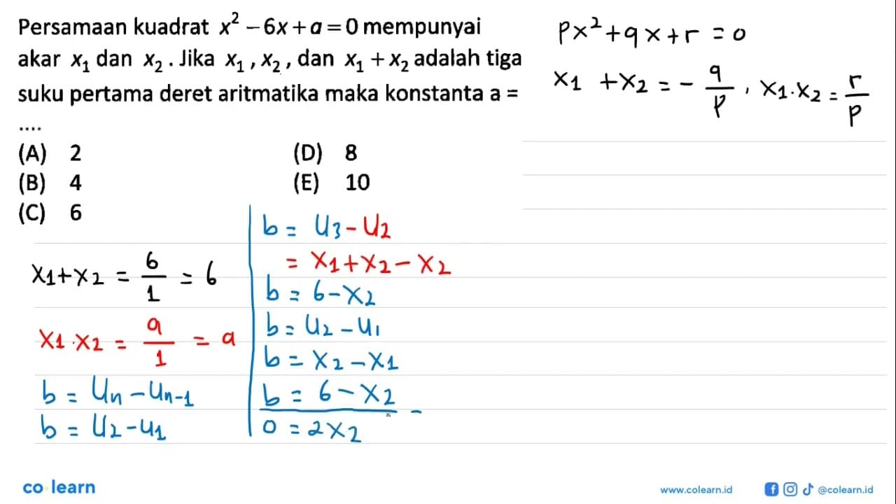 Persamaan kuadrat x^2 - 6x + a = 0 mempunyai akar x1 dan