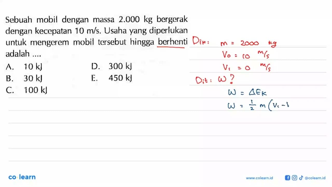 Sebuah mobil dengan massa 2.000 kg bergerak dengan