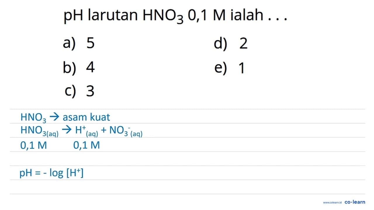 pH larutan HNO3 0,1 ialah ...