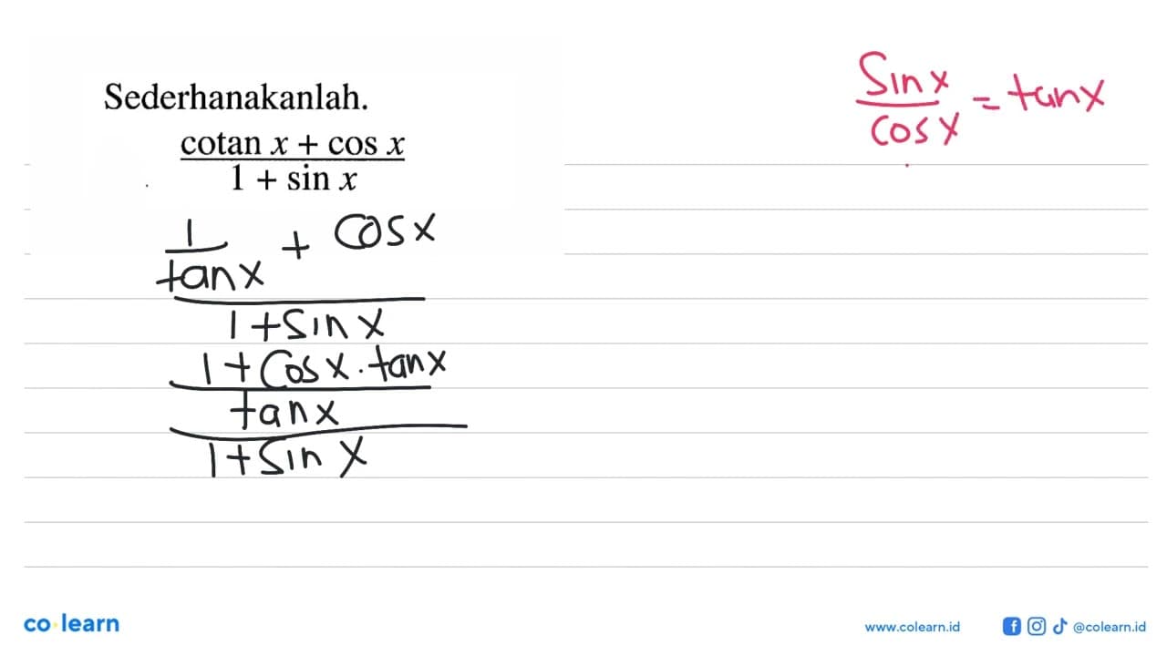 Sederhanakanlah. (cotan x+cos x)/(1+sin x)