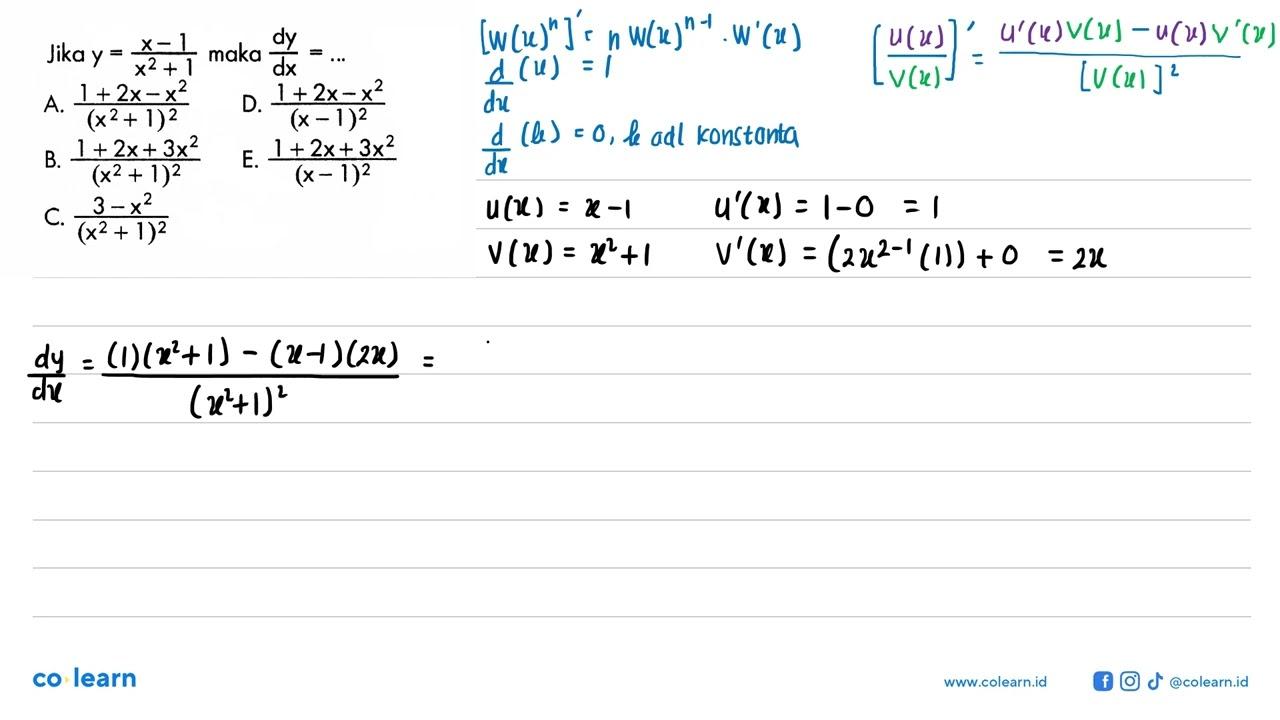 Jika y=(x-1)/(x^2+1) maka dy/dx=...