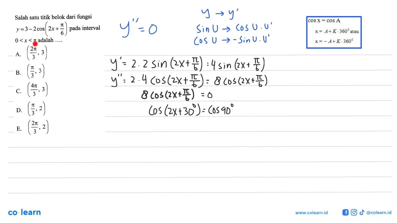 Salah satu titik belok dari fungsi y=3-2 cos (2x + pi/6)