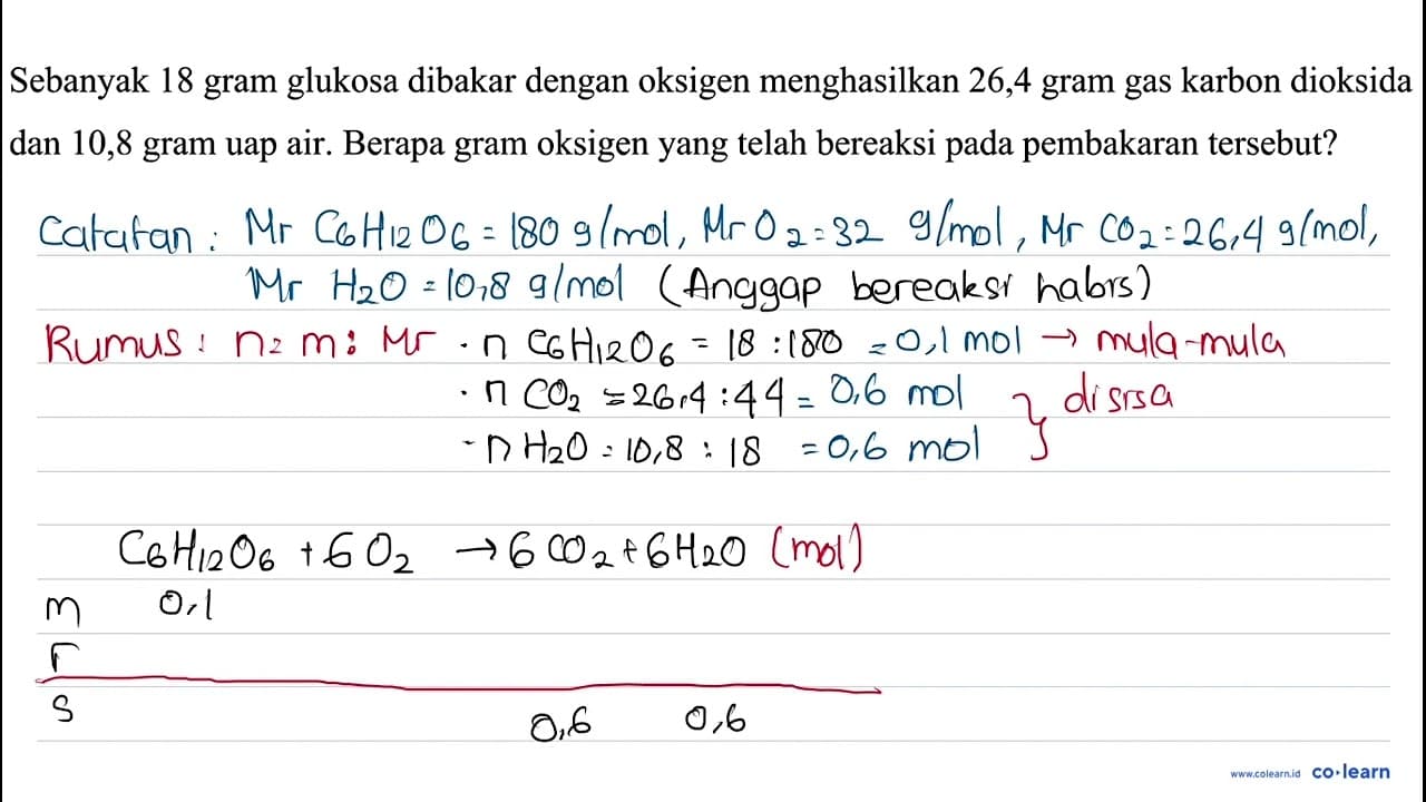 Sebanyak 18 gram glukosa dibakar dengan oksigen