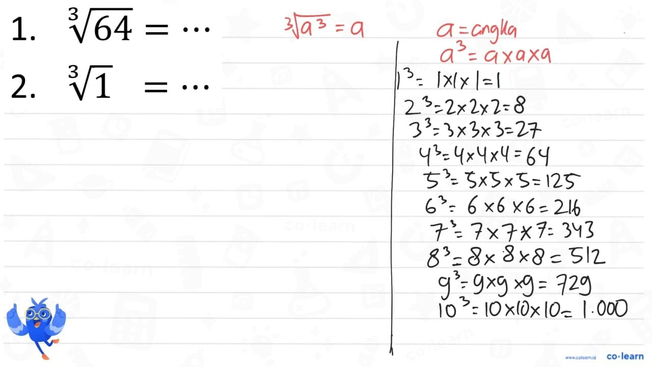 1. 64^(1/3) =.. 2. 1^(1/3) =..