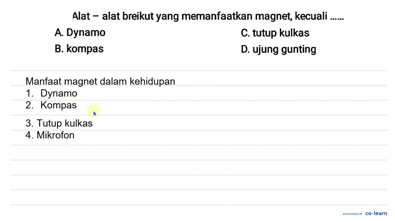 Alat-alat berikut yang memanfaatkan magnet, kecuali .... A.