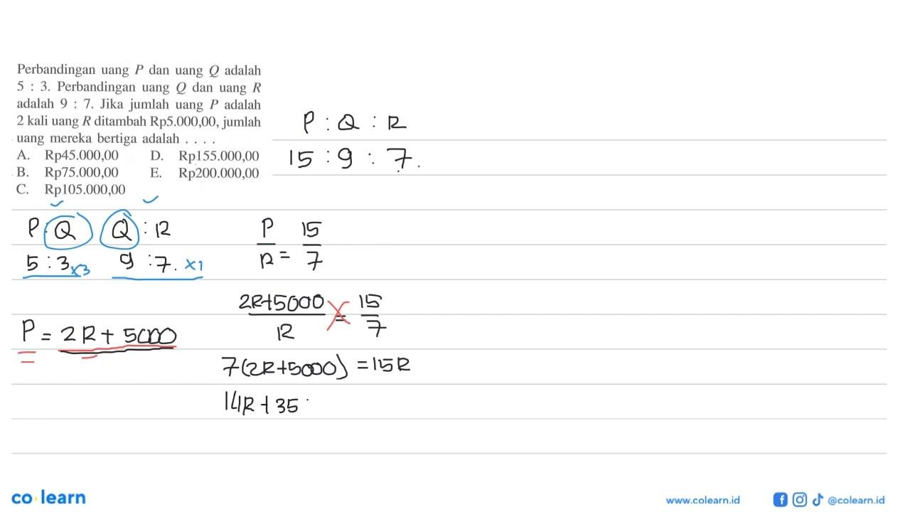 Perbandingan uang P dan uang Q adalah 5:3. Perbandingan