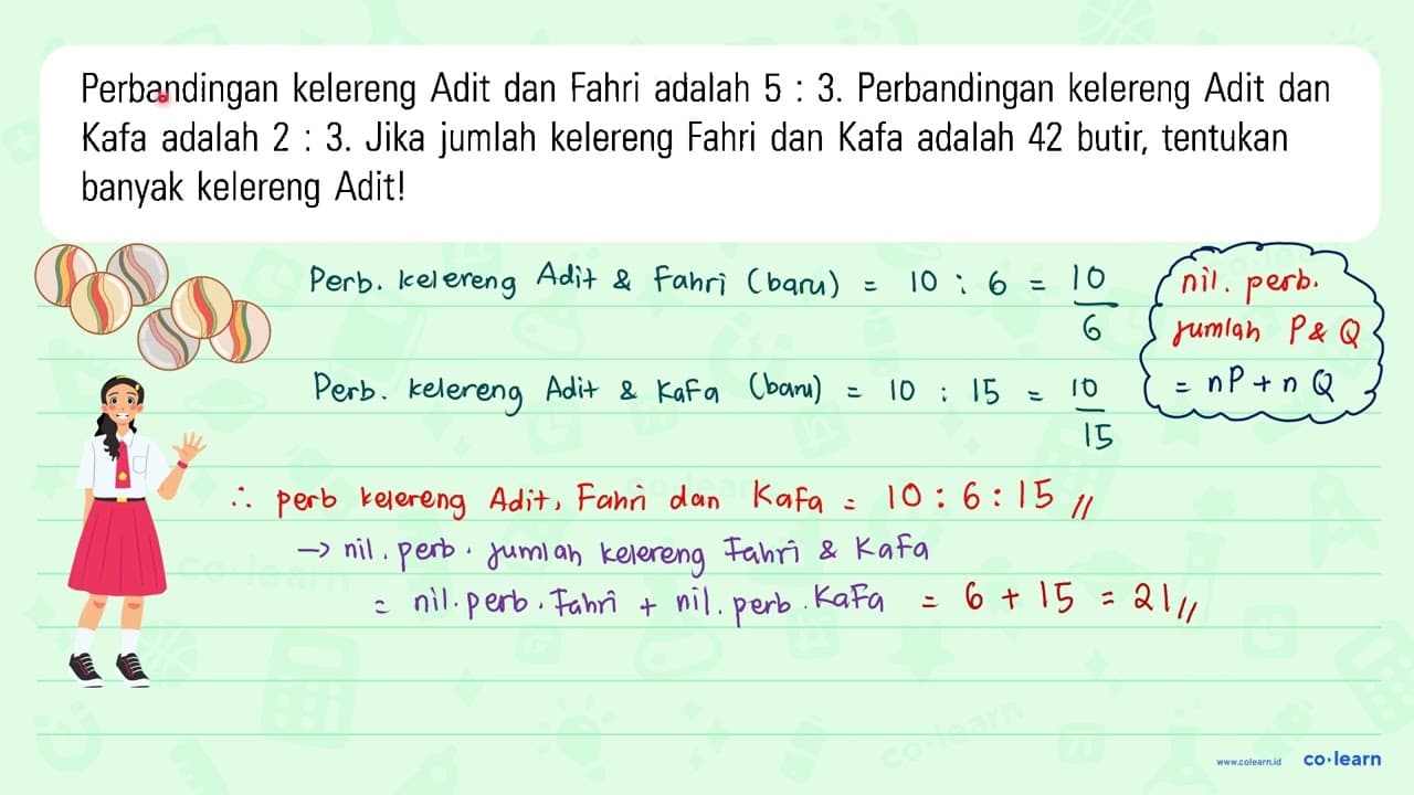 Perbandingan kelereng Adit dan Fahri adalah 5 3.