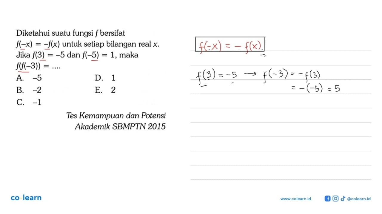 Diketahui suatu fungsi f bersifat f(-x)=-f(x) untuk setiap