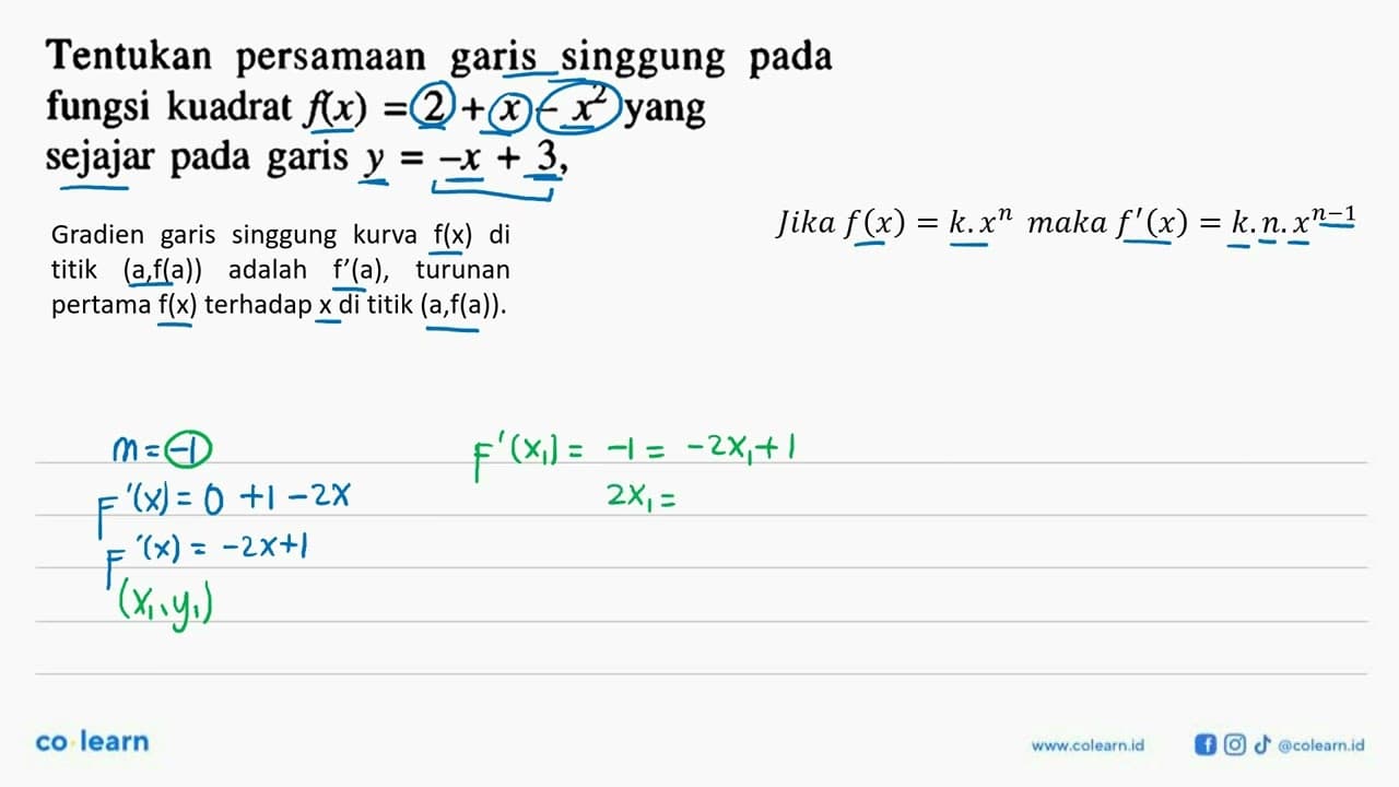 Tentukan persamaan garis singgung pada fungsi kuadrat