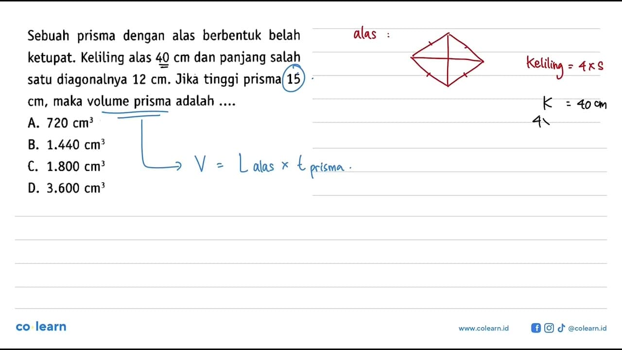 Sebuah prisma dengan alas berbentuk belah ketupat. Keliling