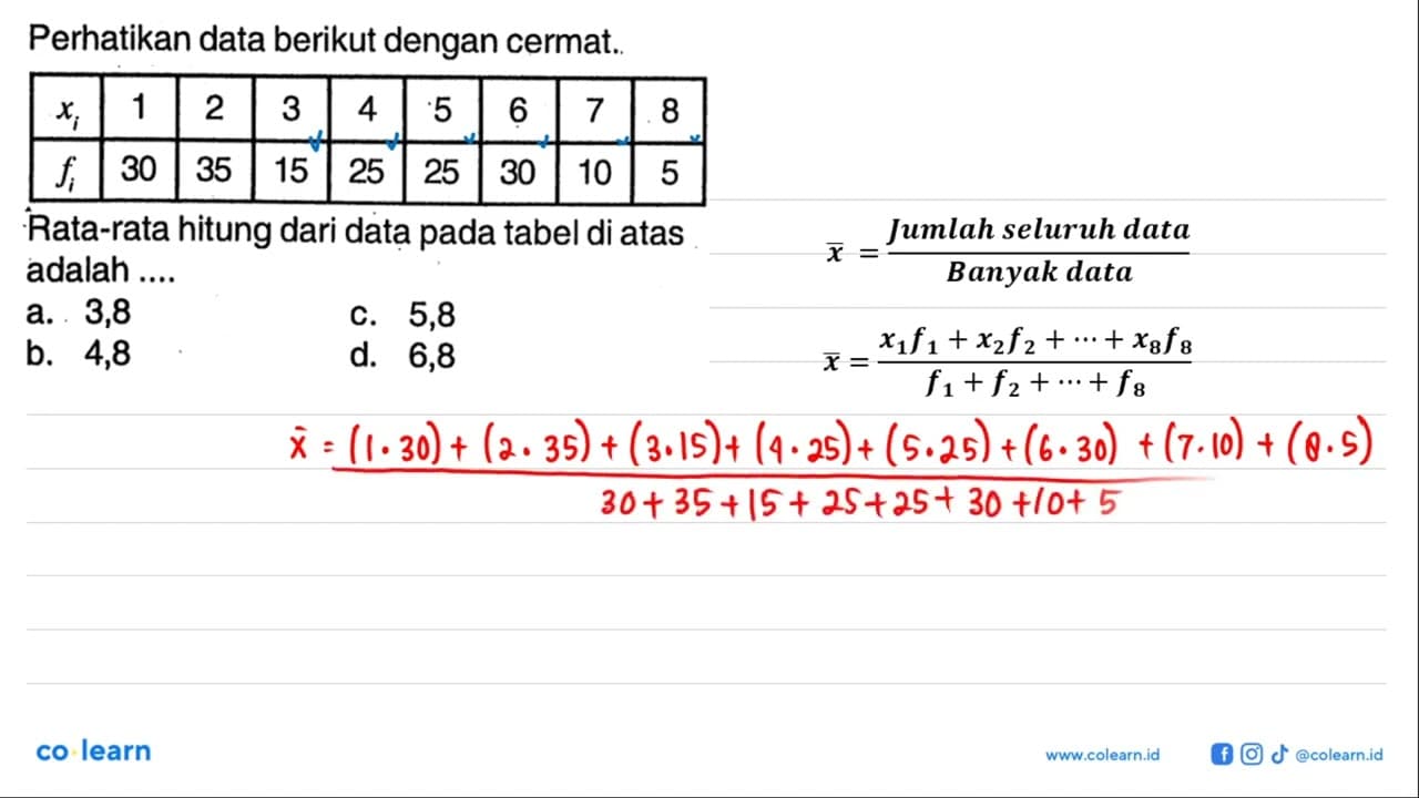 Perhatikan data berikut dengan cermat xi 1 2 3 4 5 6 7 8 fi