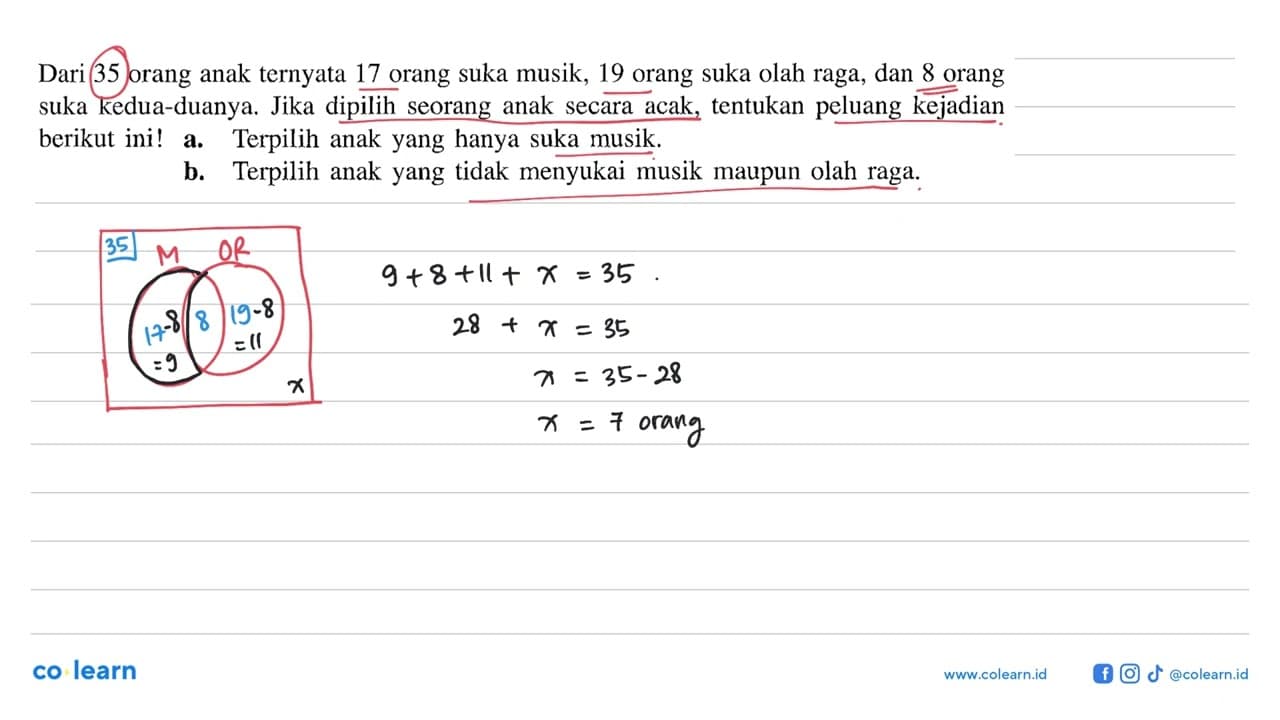 Dari 35 orang anak ternyata 17 orang suka musik, 19 orang