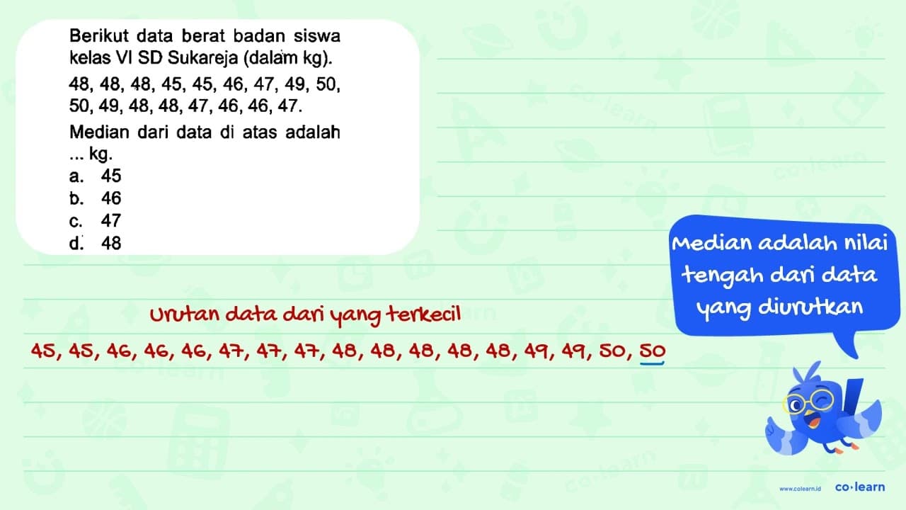 Berikut data berat badan siswa kelas VI SD Sukareja (dalam