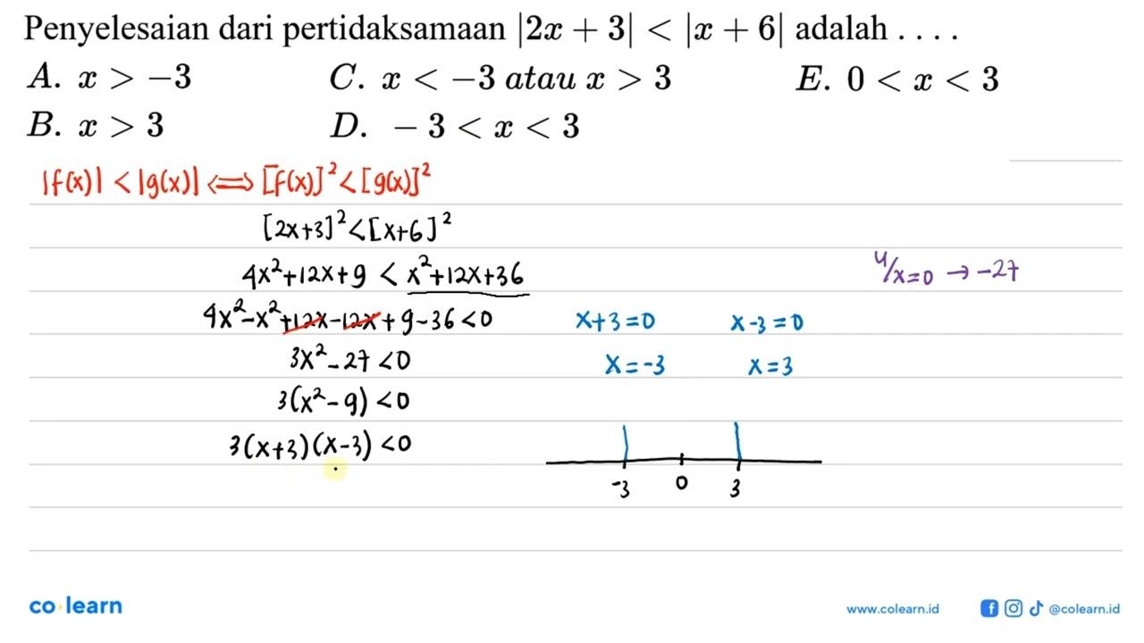 Penyelesaian dari pertidaksamaan |2x + 3|< |x + 6| adalah