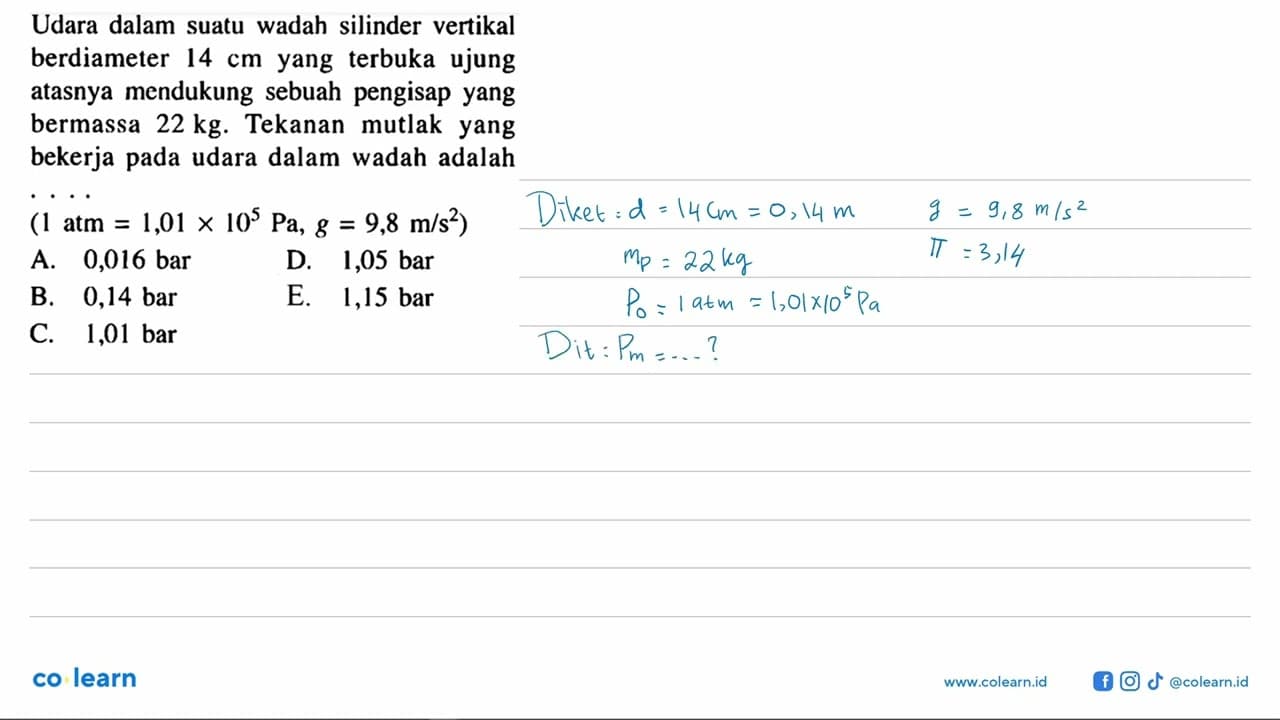 Udara dalam suatu wadah silinder vertikal berdiameter 14 cm