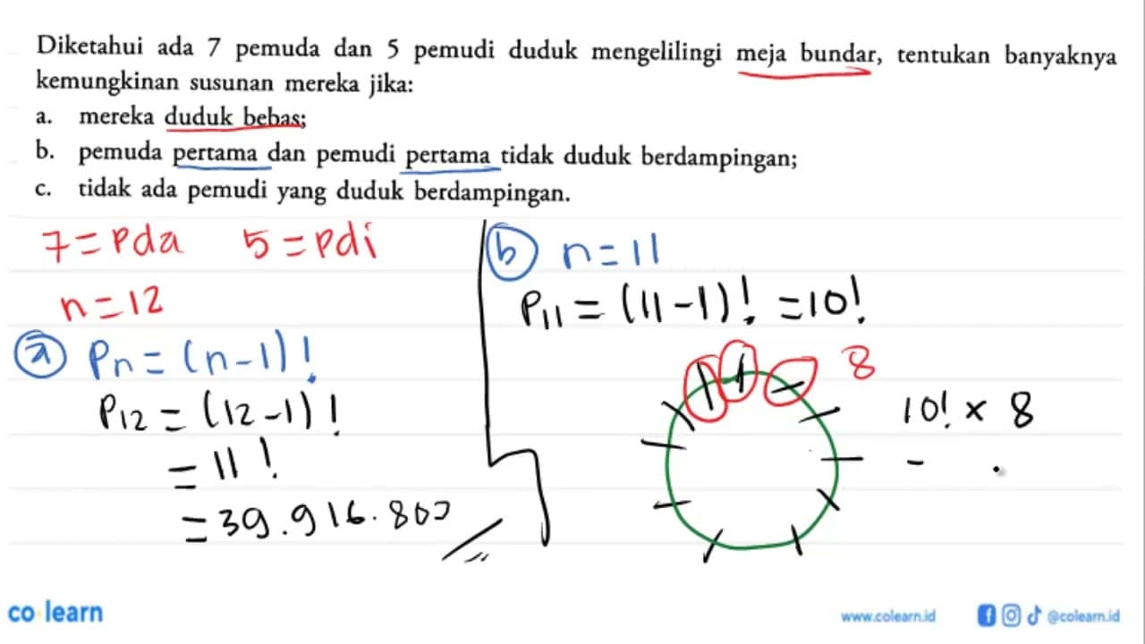 Diketahui ada 7 pemuda dan 5 pemudi duduk mengelilingi meja