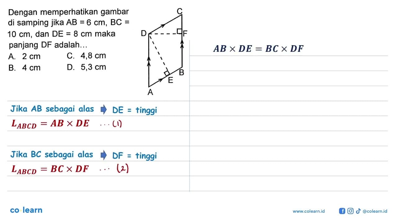 Dengan memperhatikan gambar di samping jika AB=6 cm, BC= 10