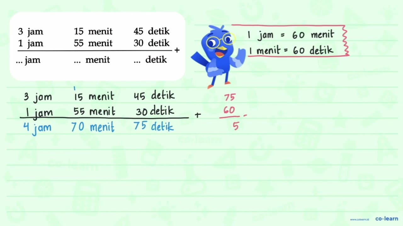 3 jam 15 menit 45 detik + 1 jam 55 menit 30 detik= .. jam