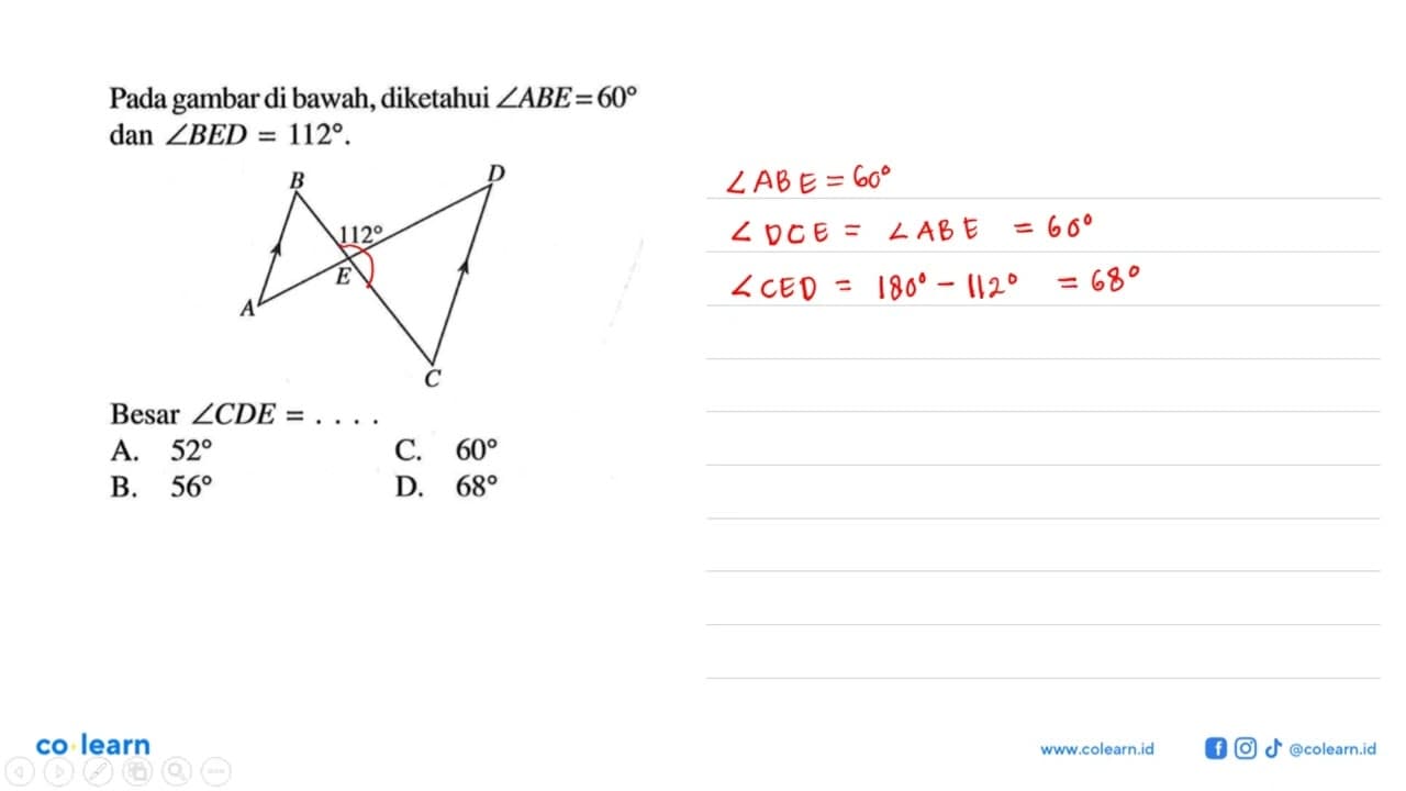 Pada gambar di bawah, diketahui sudut ABE=60 dan sudut