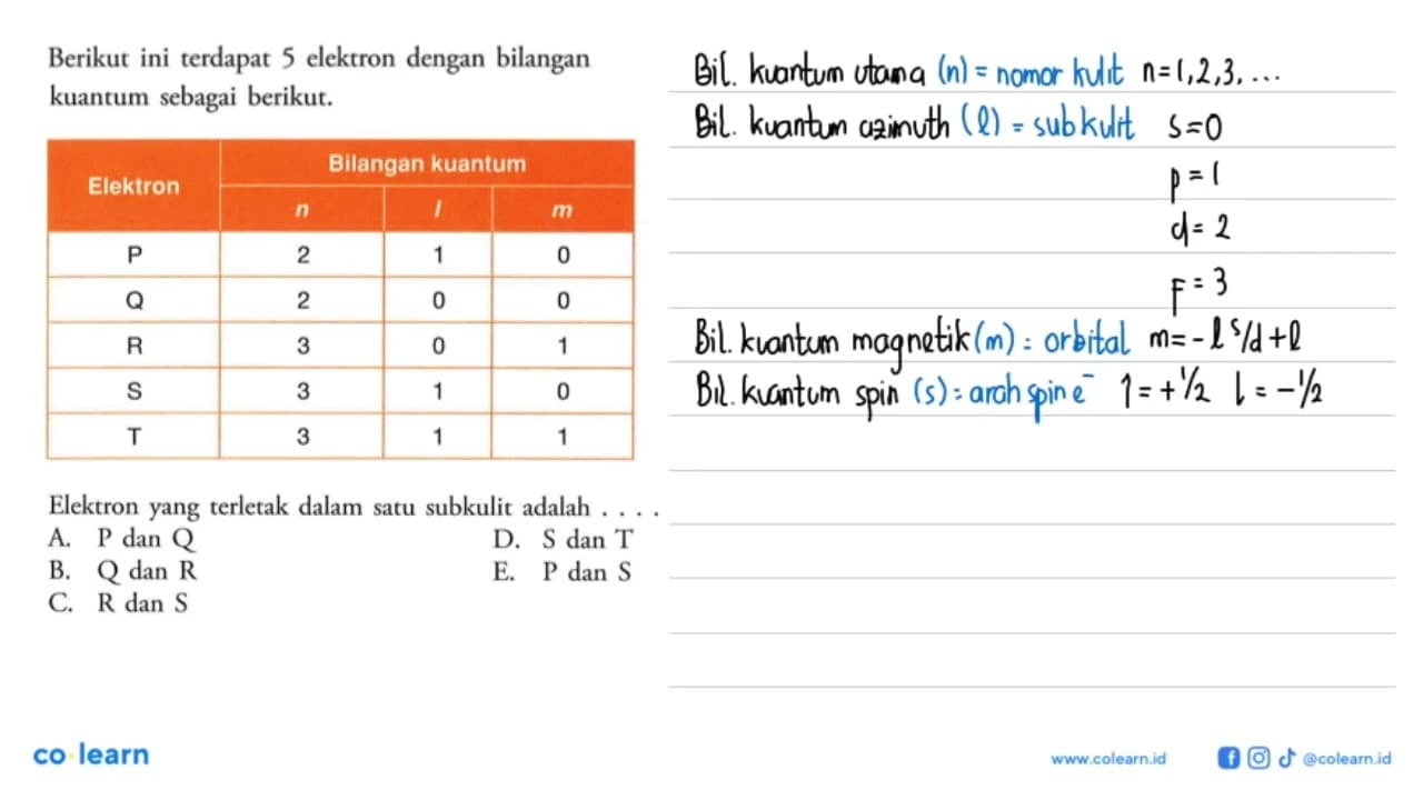 Berikut ini terdapat 5 elektron dengan bilangan kuantum