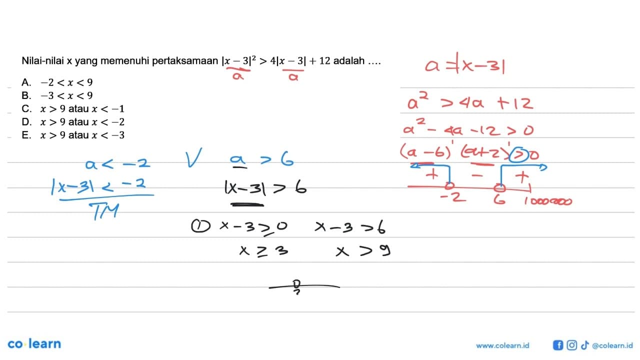 Nilai-nilai x yang memenuhi pertaksamaan |x-3|^2>4|x-3|+12