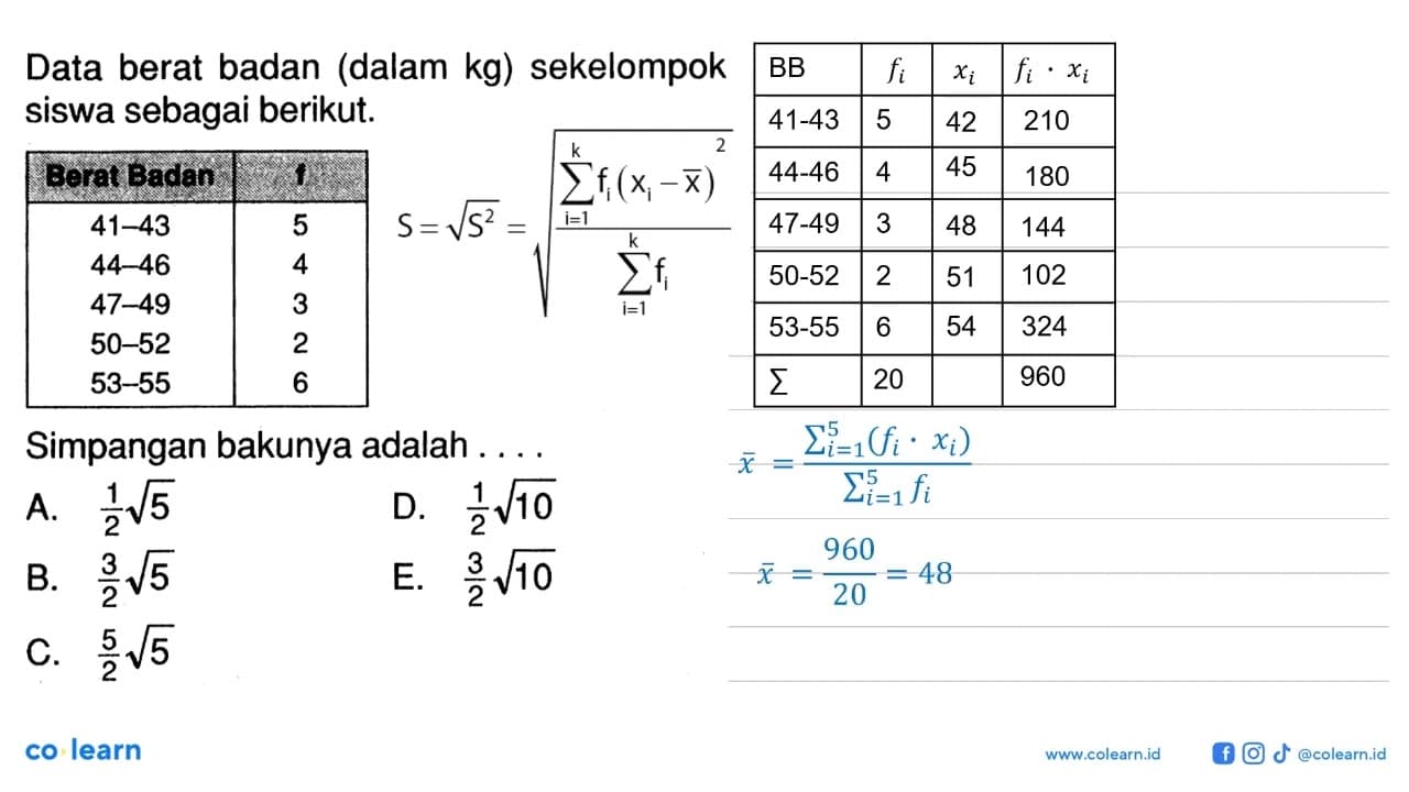 Data berat badan (dalam kg) sekelompok siswa sebagai