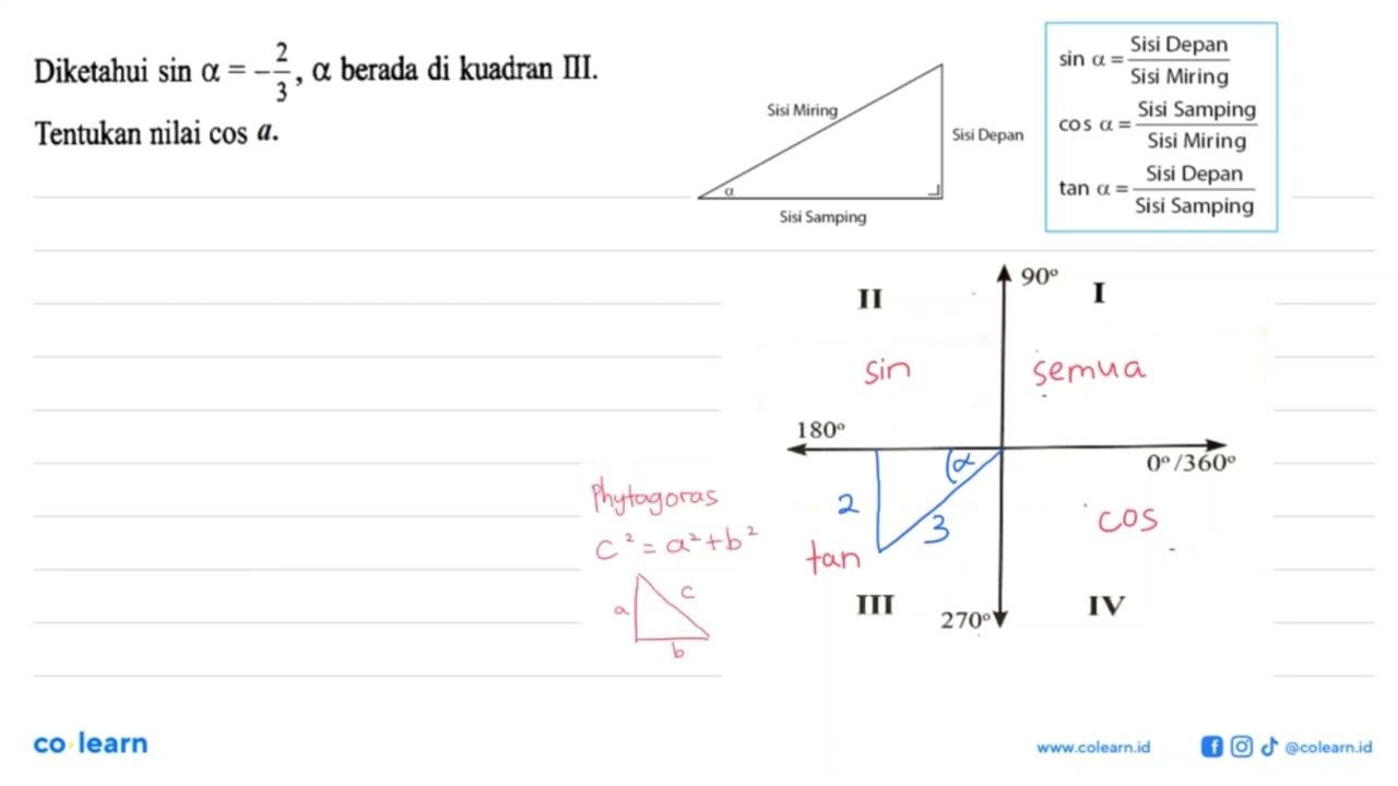 Diketahui sin a=-2/3, a berada di kuadran III.Tentukan