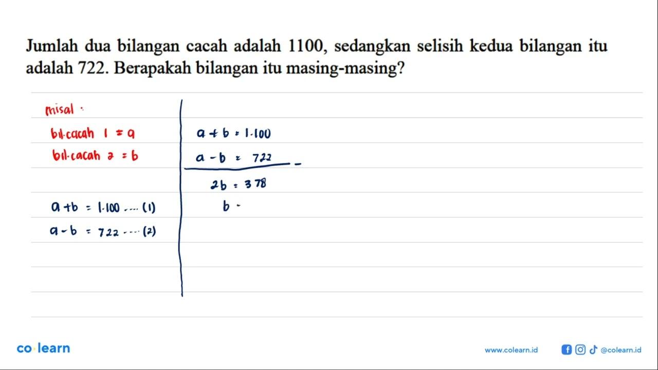 Jumlah dua bilangan cacah adalah 1100, sedangkan selisih