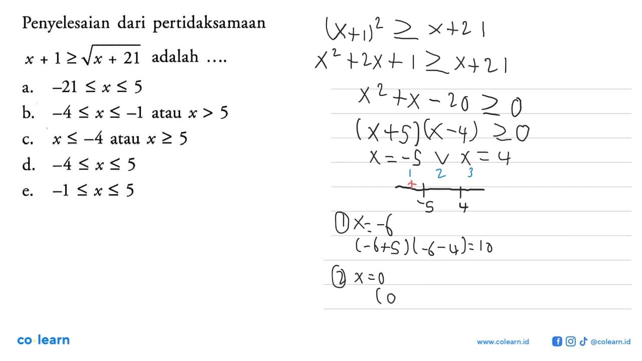 Penyelesaian dari pertidaksamaan x+1>=akar(x+21) adalah